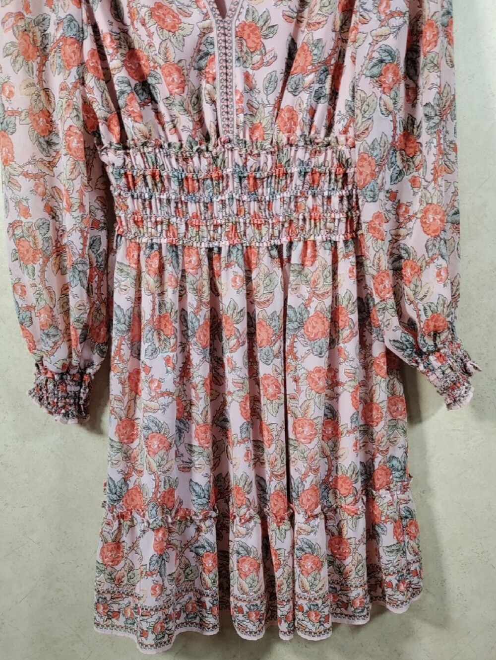 H192 Max Studio Peach & Rust Floral V-Neck Smocked Dress XL - Picture 3 of 13